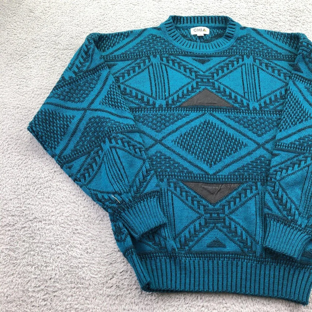 Vintage Chia Sweater Mens XL Blue Geometric Knit Crewneck Pullover Abstract